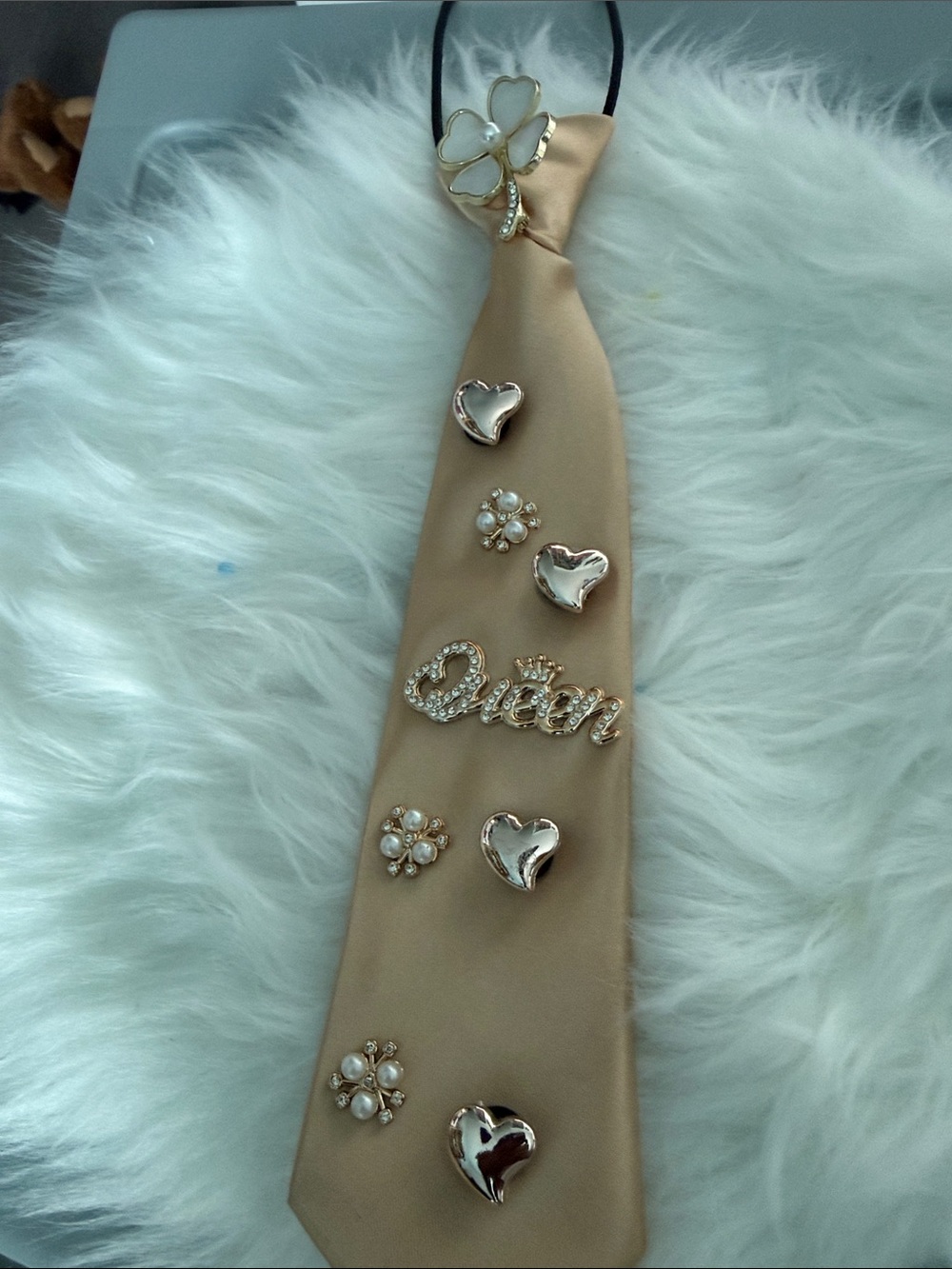 Embellished Beige Satin 'Queen' Tie with Heart & Pearl Accents
